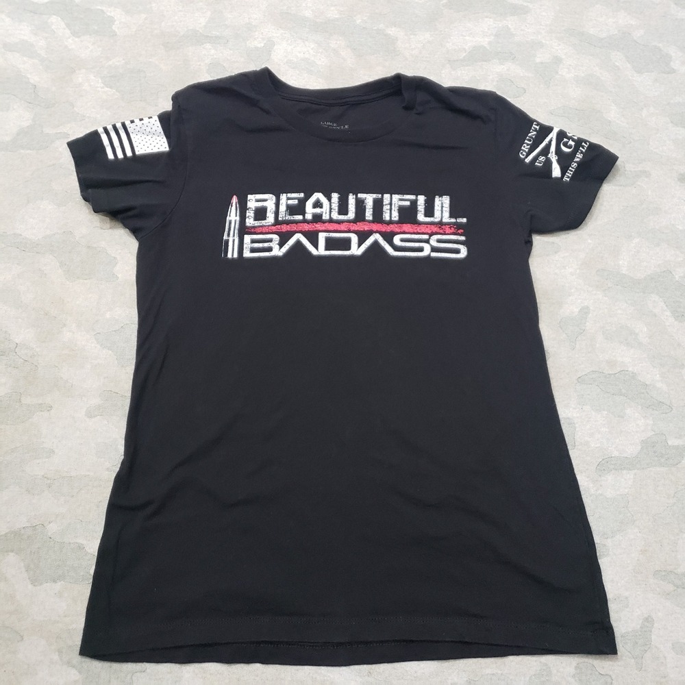 Grunt Style Top Womens Large Black Graphic Tee Patriotic Short Sleeve